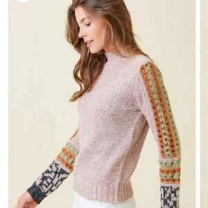 Mystree Pastel Pink Knit Sweater with Multicolor Crochet Sleeves